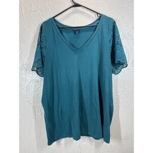 Torrid Black Lace Detail‎ Sleeve Stretch V-Neck Teal T-Shirt Plus Size 2